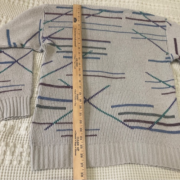 Vintage 90s London Fog Abstract Blue Purple Lines Striped Sweater Men’s Large - Picture 6 of 7